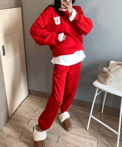 뽀글자수 조거세트 조거팬츠 자수맨투맨 츄리닝 운동복 여성 겨울 기모 3color